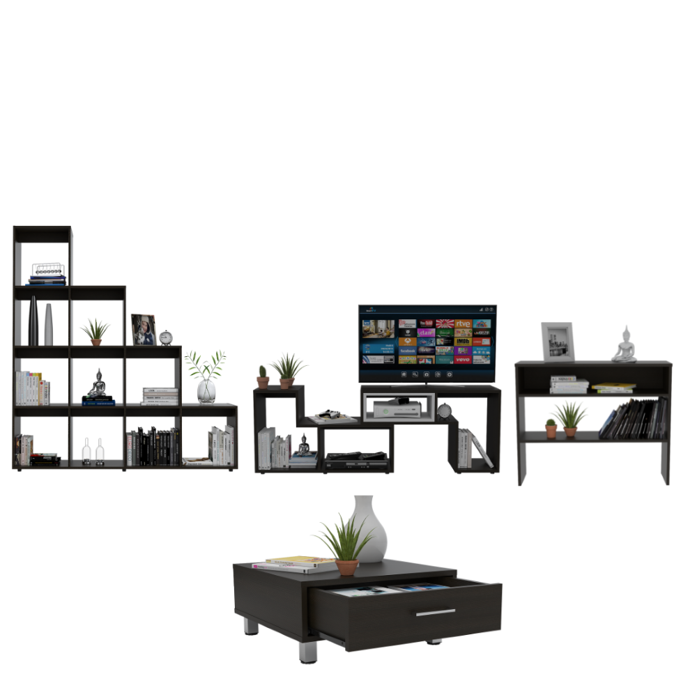 Rack Extensible + Biblioteca Escalera + Arrimo + Mesa de Centro Beijing Color Wengue Para Sala De Estar